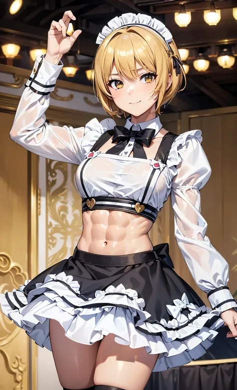 masterpiece, best quality, ultra detailed, ultra high resolution, very detailed face, anime, slanting view, ((solo)), (((girl, golden short hair))), ((maid uniform)), medium breast, slender body, (six pack abs:1.25), little smile, on the live stage, neon, ...