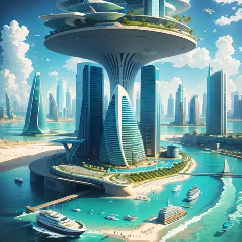 arafed city on a beach with a boat in the water, futuristic utopian city, futuristic architecture concept, tropical coastal city...