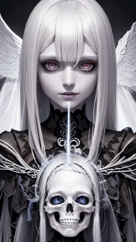 (female skeletal being, girl with white hair, girl enveloped in flames, dark and gloomy atmosphere, girl smiling in ecstasy)
best quality, 8k, highres, masterpiece:1.2, ultra-detailed, realistic, photo-realistic:1.37, anime style
extremely detailed face an...