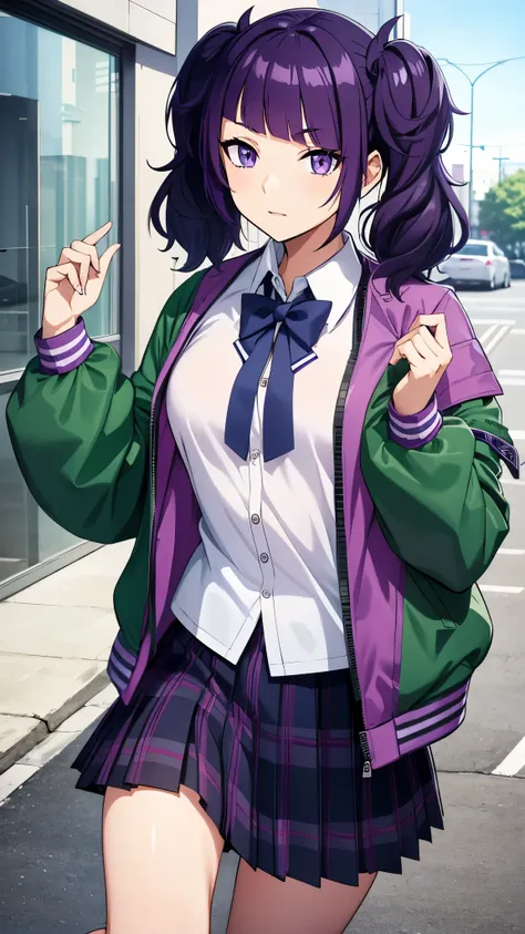 mamimi tanaka, asymmetrical bangs, blunt bangs, diagonal bangs, (purple eyes:1.1), purple hair, twintails,
, jacket, green jacket, (jacket partially removed:1.5), shirt, collared shirt, white shirt, bow, blue bow, skirt, plaid, plaid skirt, pleated skirt, ...