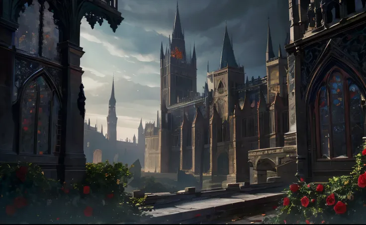 A dark fantasy, a gloomy high Gothic castle shrouded in roses