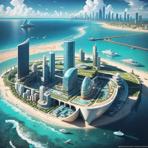 arafed city on a beach with a boat in the water, futuristic utopian city, futuristic architecture concept, tropical coastal city...