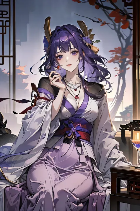 Best quality at best, Ultra-high resolution, (((1 girl))), ((((perfect anatomy)))), (Long purple hair), (violet eyes), (Chinese clothes), (((Red Flowers necklace around her neck))), (Ultra Long Skirt), Happy smile, Hanfu, Yarn, Flowing light yarn, jewelry,...