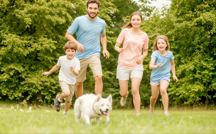 There are a group of people and a dog running on the grass, Family Play, Warm and convivial atmosphere, you can see in the picture, Firm gaze, aldult, guide, friendly, High resolution details,Lovely Features, photo, Attractive features, realistic lens,Ultr...