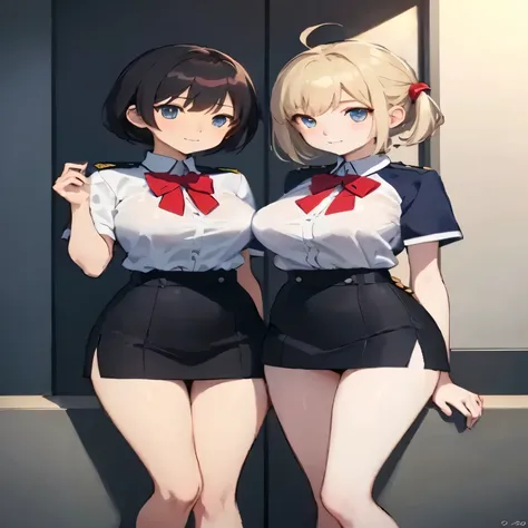 Two women in uniform pose for a photo in front of a door, Kantai Collection Style, Anime Girls, two beautiful Anime Girls, Fine details. Girls&#39; Frontline, Naughty anime style, Azur Lane Style, Girls&#39; Frontline style, from Girls&#39; Frontline, From...