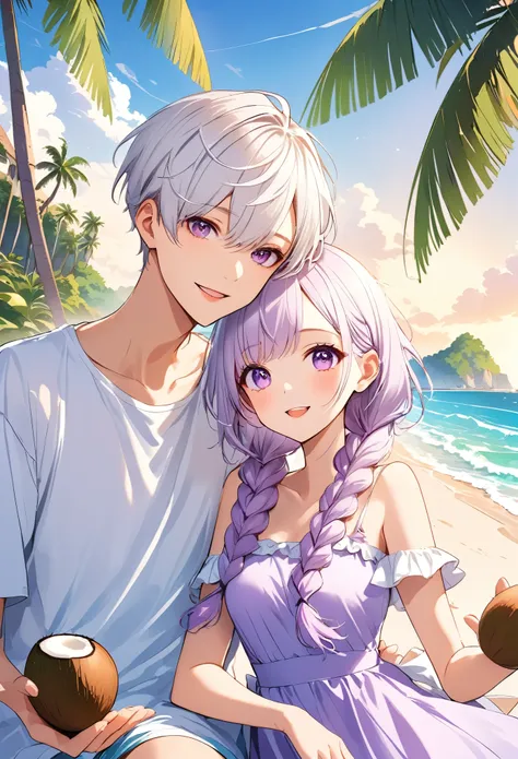 enjoyable holiday，vacation，vector illustration，a young couple，bust， purple eyes，purple eyes，white hair-purple-long braids。 seasi...