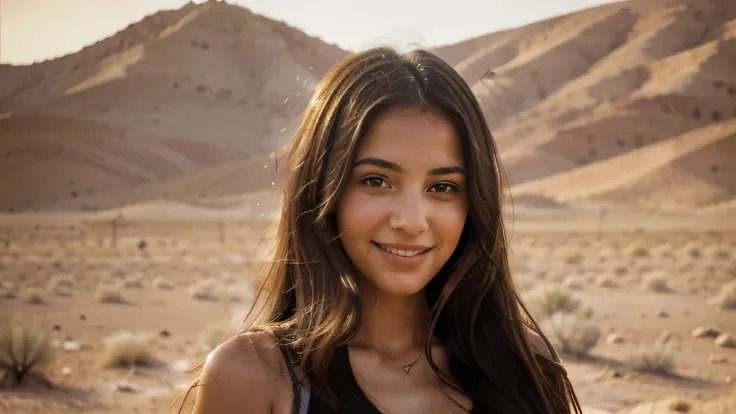 portrait, a portrait of a young Israeli woman with long hair, looking smiling, bathed in a warm golden light, a calm desert landscape in the background., , Taken in natural light with a Canon EF 85mm f/1.4L IS USM lens for a sharp focus and a creamy bokeh ...