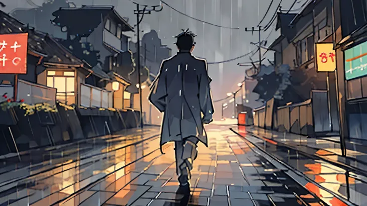 A Boy While walking in the drizzling rain, draw a picture showing only the back of the man