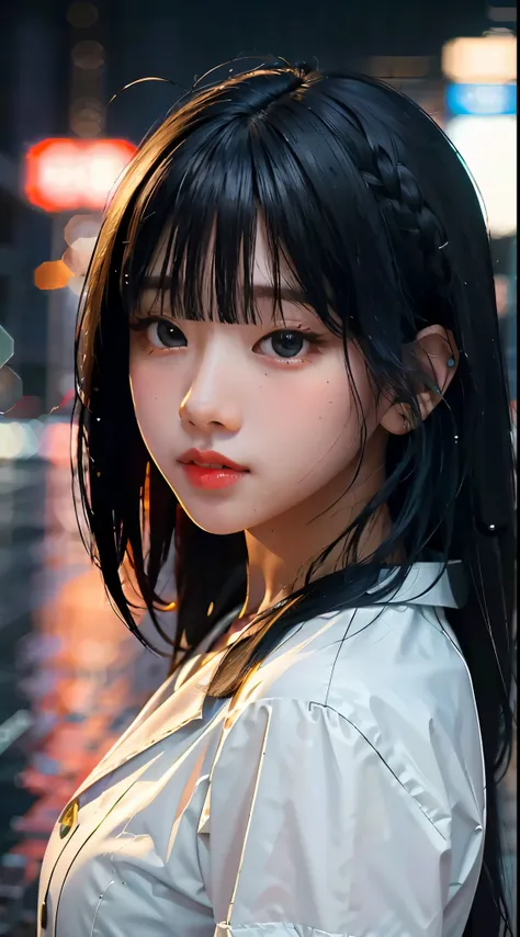 8k, RAW photo, best quality, masterpiece:1.2),(realistic, photo-realistic:1.37),Tokyo street,night, rain, wet,cityscape,night, cyberpunk city,soft light,1girl,, extremely beautiful face,bust,put down hands,Random hairstyle,Random hair color,Random exp