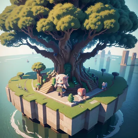voxels,(3d big pixel art),(3d pixel art:1.2), (many elves((chibi:1.5),living daily life,eating food,washing clothes,talking each other,living on Yggdrasil)),background(Yggdrasil(very huge tree,elf settlement),forrest,beautiful lake around Yggdrasil), BREAK...