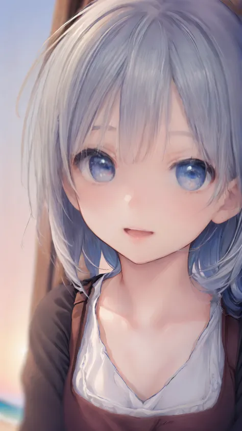 ((masterpiece)), ((highest quality)), ((High resolution)), ((Highly detailed CG Unity 8k wallpaper)), alone, tachibana kanade, Brown uniform, Black Skirt, White socks, Outdoor, face, Beach, Hanging hair, Parted hair, Silver Hair, 笑face, 