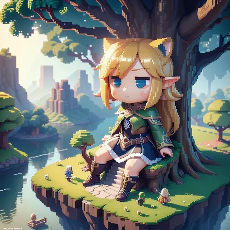 voxels,(3d big pixel art),(3d pixel art:1.2), (many elves((chibi:1.5),living daily life,eating food,washing clothes,talking each other,living on Yggdrasil)),background(Yggdrasil(very huge tree,elf settlement),forrest,beautiful lake around Yggdrasil), BREAK...