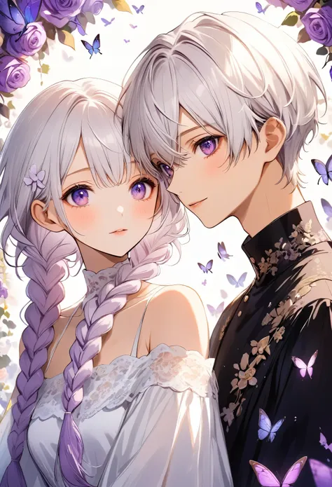 a young couple，half-length portrait， purple eyes，bright eyes，(((girl white hair - purple - 2 long braids)))，(((boys short hair))...