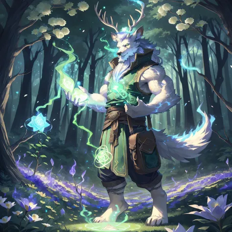 masterpiece, ultra detailed, multicolored eyes, solo focus, male, albino deer, (white long beard:1.7), huge perfect antler,(thick branches antlers:1.5), innocent face, nice shape body, (white tank:1.2), kilt, (native patterns green vest:1.4), leather belt,...