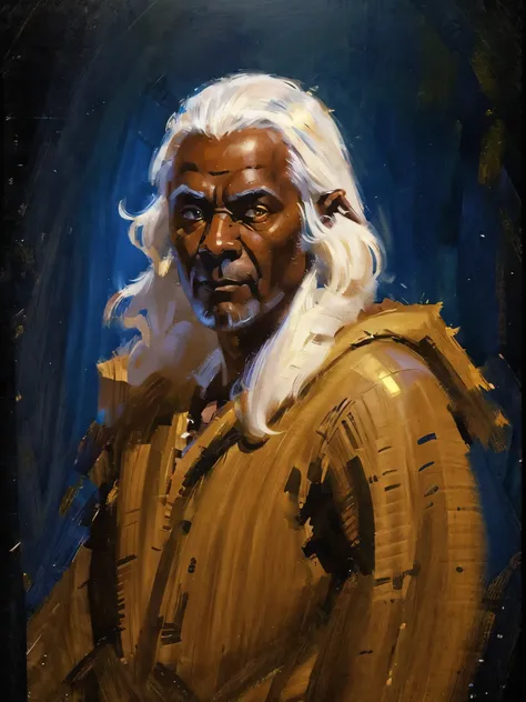 1man, handsome wood elf, dark skin, white hair, luminous golden eyes, adult, 30 years old, white background, DnD art, DnD character art, dungeon and dragons, close-up portrait, front view, id photo style