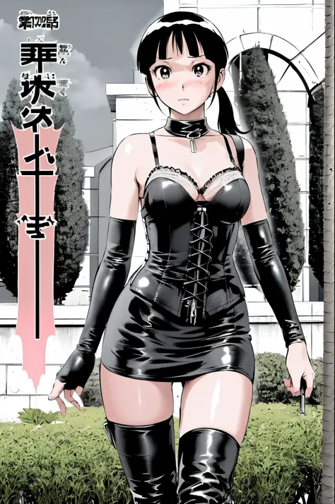 Junior high school girl、(((Lori:1.4)))、(((low length:1.4)))、(((Child body type:1.4)))、(((5 heads)))、BDSM、Queen、mistress、(((One girl)))、solo、(((Long gloves covered to the fingertips in black latex:1.4 )))、(((Black latex corset dress:1.4)))、(((The corset dre...