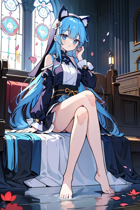 (masterpiece:1.2),Extremely detailed,Practical,expressive eyes,Fair skin,Perfect face shaping,1 Girl,
Japanese cartoons,Gorgeous blue hair, the long flowing blue hair,Floating clothes,Cat ears,Petals fall,beautiful lola,Young Angel,
Place your hands on you...