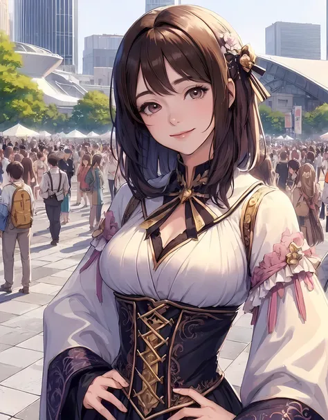 1lady standing, cosplayer, (fantasy anime costume) stylish, (mature female:0.9), /(dark brown hair/) bangs, kind smile, (masterpiece best quality:1.2) delicate illustration ultra-detailed, large breasts BREAK (anime-related event) outdoors, (outdoor venue)...