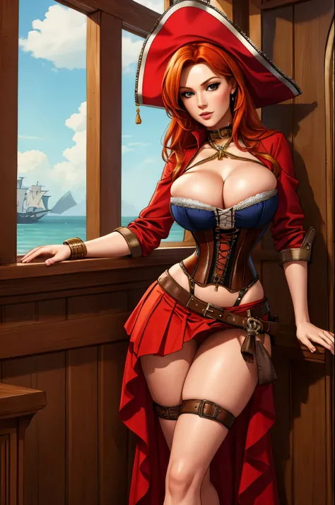 ginger hair, pirate, corset, long leg slit, skirt