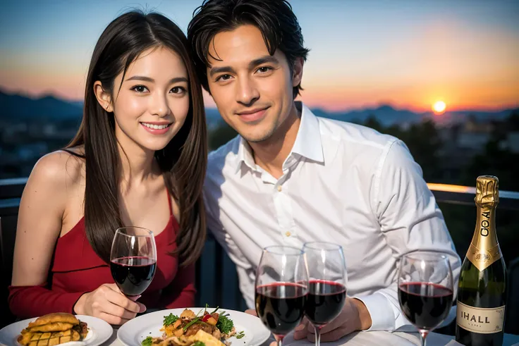 ((highest quality、8k、masterpiece:1.3))、1 male 1 female、Hirose Alice lookalike couple、Lovers、beautiful couple、Happy Smile、 (Slim face), (The body is スリム), (Brown Hair), (Shortcuts), ((Bob Hale、Straight hair:1.2)), Wine glass on the table、Please put light on...