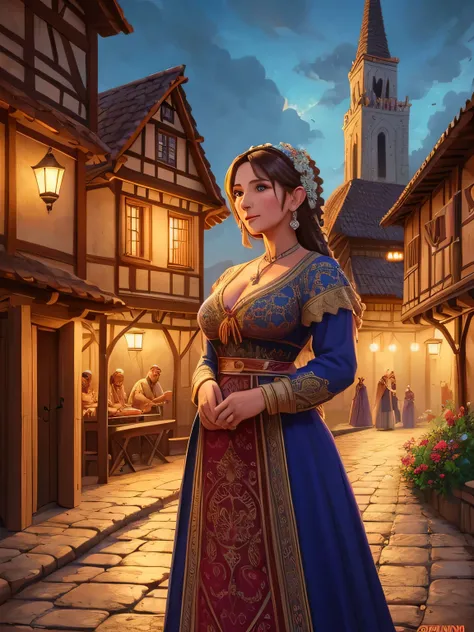 Masterpiece, digital illustration, A gorgeous milf in Slavic dress, happy, village, solo, people in background, highly detailed, volumetric lighting, intricately detailed, skimpy, 2D style,