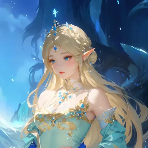 Anime Girl，With long blond hair，Wearing a blue skirt and tie, beautiful and elegant Fairy Queen, Beautiful fantasy queen, ((Beautiful fantasy queen)), Fantasy art style, portrait of an Fairy Queen, Queen of the Sea Mu Yanling, g liulian art style, Fairy Qu...