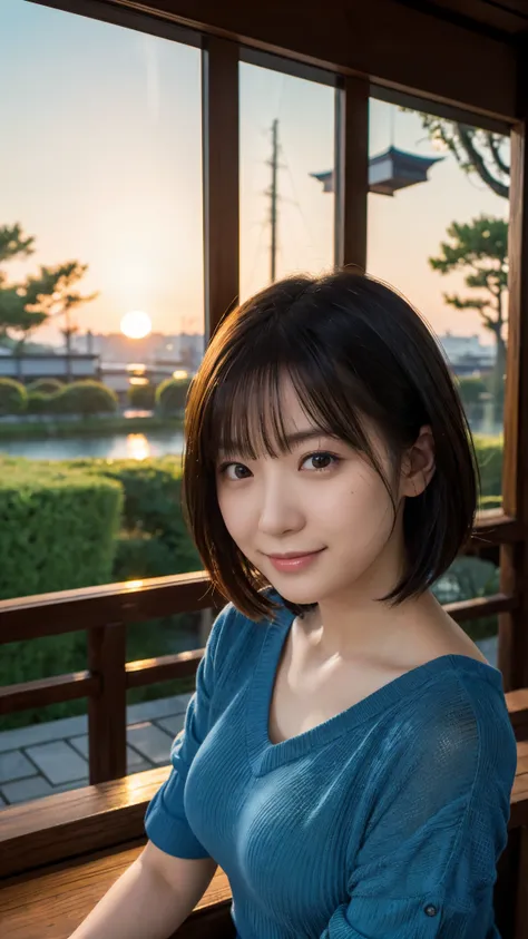 (highest quality,masterpiece:1.3,Ultra-high resolution),(Super detailed,Caustics,8k), (Photorealistic:1.4, RAW shooting),dusk,Sunset sky,Inside the Japan house,Japanese,20-year-old,smile,Black Hair Middle Hair,(Blue short-sleeved summer knit),Big Breasts,B...