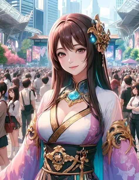 1lady standing, cosplayer, (fantasy anime costume) Chinese, (mature female:0.9), /(pink brown hair/) bangs, kind smile, (masterpiece best quality:1.2) delicate illustration ultra-detailed, large breasts BREAK (anime-related event) outdoors, (outdoor venue)...