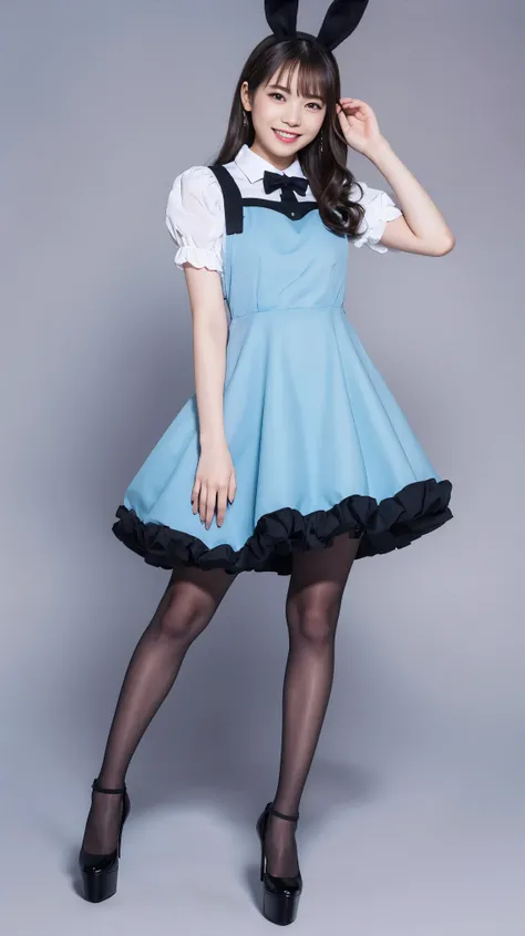 Bunny girl in a light blue maid outfit:1.5，Wearing light blue tights:1.5，The best smile:1.5，Full Body Shot:1.5，Gray background:1.5，Wearing black high heels:1.5，