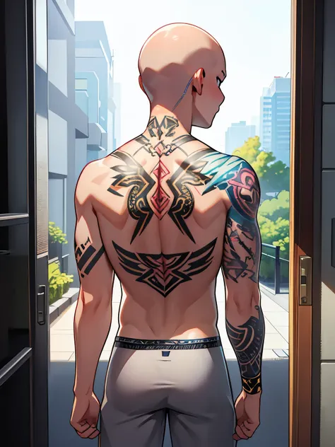 colorful tattoos,bald, 1boy, solo, a diagonal rear view of a back tattoo。natural light illuminates the tattoo、make sure the deta...