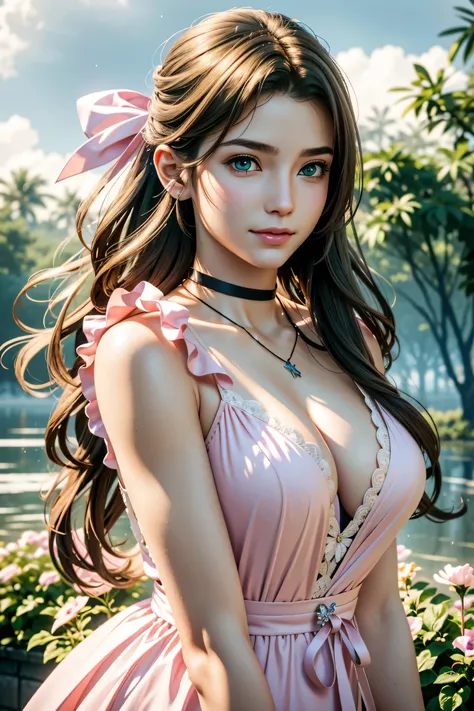 (masterpiece, 最high quality)
Aeris FF7, 1 Girl, alone, Long Hair, bangs, Brown Hair, dress, bow, ribbon, jewelry, Closed Mouth, Green Eyes, Red jacket, hair pink ribbon, Upper Body, Braid, hair bow, Side Lock, choker, necklace, lips, parted bangs, pink bow...