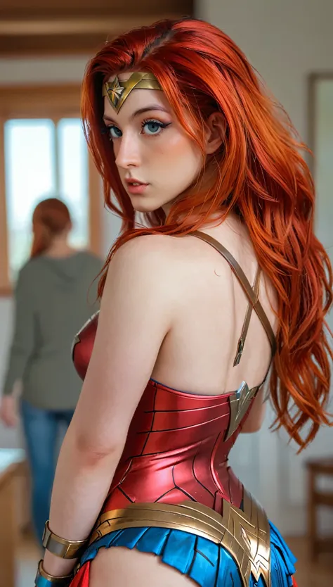 a beautiful sexy red hair wonder woman (detailed realistic,4k,highres,masterpiece:1.2), (full body) (back view)  mssbrsl