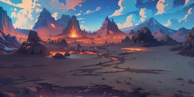 Volcano scene，middle Ages，Horizontal，Cartoon，Clean ground，Isometric 2D Game Art， masterpiece， Super detailed good quality