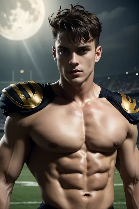 Photo-realistic, ((best quality)), ((masterpiece)), (detailed), football player, perfect human face, short hair, handsome young male model as a football, handegg, black shoulder armor, 18-year-old, super male model, handsome, amazing mermaid tail, tall, cu...