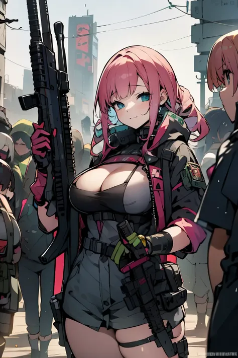 Group girls are holding cyberpunk assault rifles near a military humvee in the wasteland 