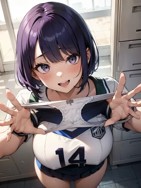 1girl,
indoor, lockerroom,
short bob hair, purple hair, break,
volleyball uniform,
looking down,look at the viewer,from a ,from ...