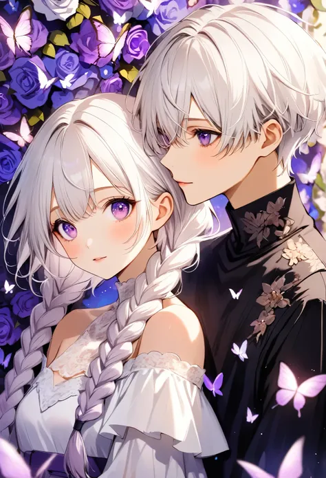 a young couple，half-length portrait， purple eyes，bright eyes，(((girl white hair - purple - 2 long braids)))，(((boys short hair))...