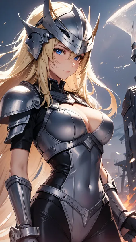 the grassland、1 30-year-old female、Blonde long hair、Knight Commander、messy armor,bodysuit,Put on a helmet、(Holding a sword、Claymore Great Sword),She is fighting monsters