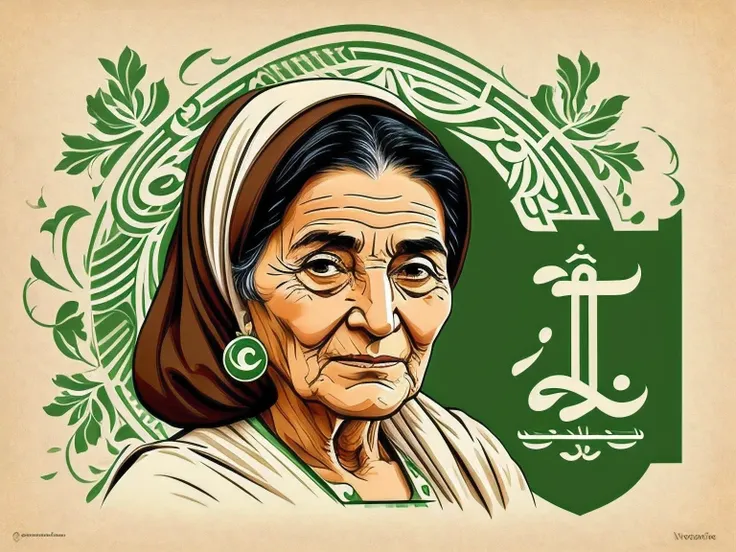 A logo for a cafe shop. A sketch of an old Iranian woman. Iranian painting. Cream, brown and green colors. vector. Simple and minimal logo.