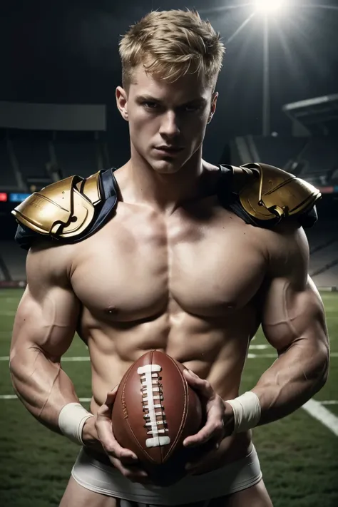 Photo-realistic, ((best quality)), ((masterpiece)), (detailed), football player, perfect human face, short hair, handsome young male model as a football, handegg, (black shoulder armor:1.2), 18-year-old, super male model, handsome, cute, evil looking, dark...