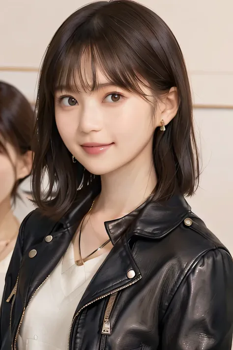 205 ((short hair)), 20-year-old female, Surrealism,leather jacket、blouse、Mask on mouth、Shoulder Fashion、 A refreshing smile、、Beautiful teeth alignment、Brown Hair、ear piercing、Necklace around the neck、