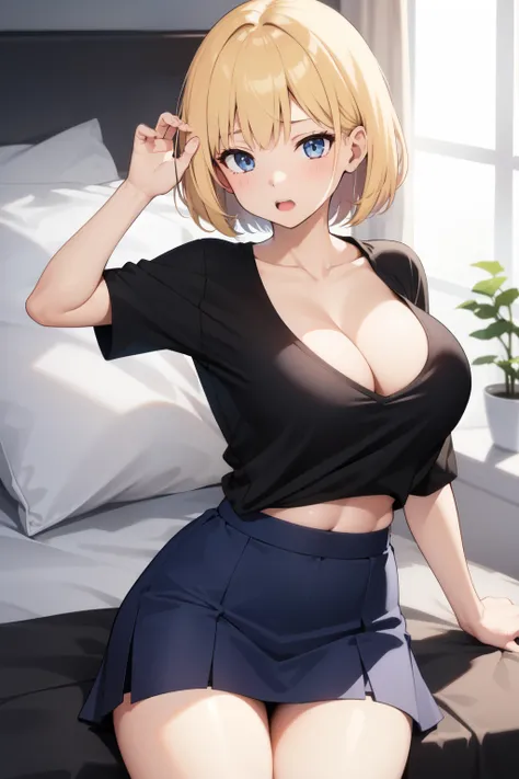 girl、10th Generation、slender、Large breasts、、Hot face、Blonde、short hair、skirt、The whole body is visible、Spreading her legs wide on the bed、skirtをたくしあげている、Let me peel off my shirt