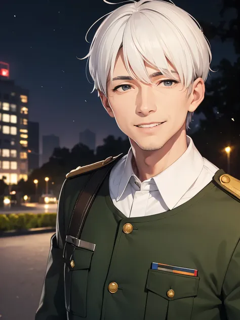 1mature men,50 years old,smile,solo,Narrow eyes,white hair, short hair,black eyes,Army uniform,slight smile, standing in the park, night, close up photo