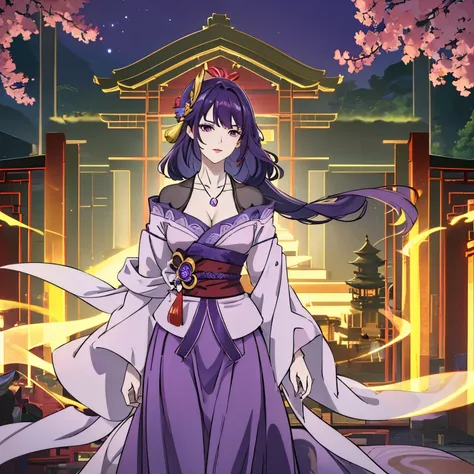 Best quality at best, Ultra-high resolution, (((1 girl))), (Long purple hair), (violet eyes), (Chinese clothes), (((Red Flowers necklace around her neck))), (Ultra Long Skirt), Smile, Hanfu, Yarn, Flowing light yarn, jewelry, (focal), (((Colorful))), parti...