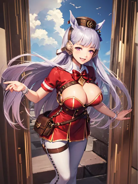 (masterpiece, highest quality:1.2), alone, One girl, umpd gold ship, pillbox hat,  Red dress,No sleeve, White Pantyhose, boots, Horse tail, Racecourse、Big Breasts、smile、Panties are see-through、blush