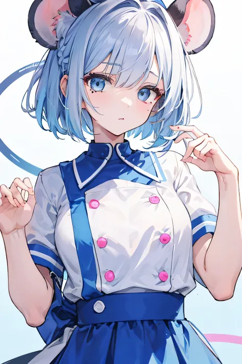 A girl with light blue bob and mouse ears 、Hair slightly braided、She has a mole under her eye, is palm-sized and sweet, and wears a light blue nurse&#39;s uniform with frills and a heart-shaped opening on the chest.
