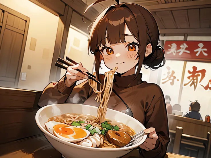masterpiece , best quality , detailed , girl eating greasy ramen at ramen shop , ( 1 girl ) , ( ash brown hair ) , ( red inner color ) , ( Single chignon hairstyle:1.3 ) , ahoge , ( blunt bangs ) , small breasts, ( oversized white sweatshirts on tight blac...