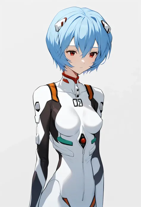 One girl, ayanami rei, alone, Red eyes, Plug Suit, short hair, Blue Hair, chest, Bodysuits, Upper Body, White Background, white Bodysuits, Simple Background, Interface Headset, bangs, Mouth closed, Hair between the eyes, medium chest, medium quality, slow,...