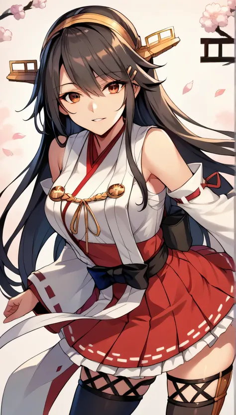 score_9, score_8_up, score_7_up, source_anime, game cg, harunakainiKC, long hair, skirt, hair ornament,thighhighs, hairband, detached sleeves, japanese clothes, hairclip, red skirt, headgear, ribbon trim, nontraditional miko, ribbon-trimmed,smile,parted li...