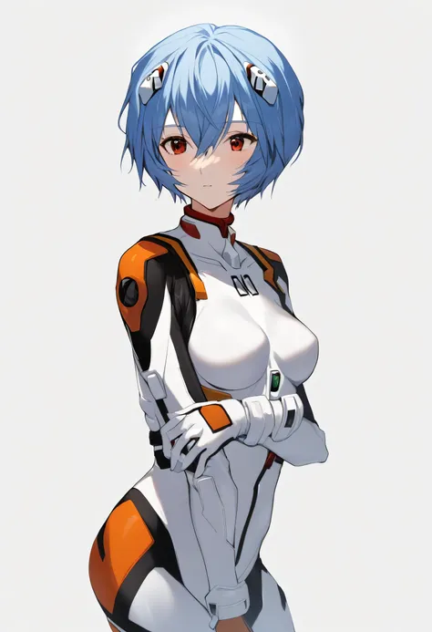 One girl, ayanami rei, alone, Red eyes, Plug Suit, short hair, Blue Hair, chest, Bodysuits, Upper Body, White Background, white Bodysuits, Simple Background, Interface Headset, bangs, Mouth closed, Hair between the eyes, medium chest, medium quality, slow,...